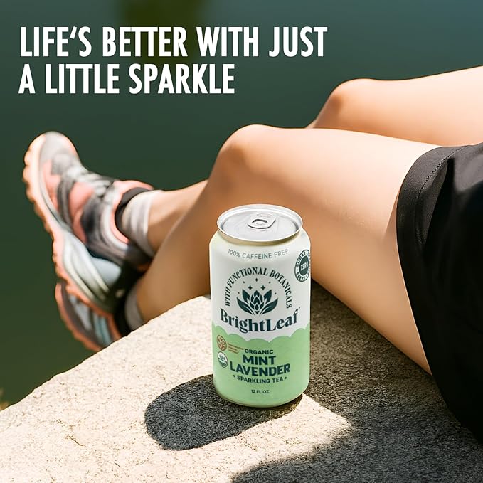 BrightLeaf Regenerative Organic Sparkling Tea, Mint Lavender, 12 oz Cans (Pack of 12) – Zero Sugar & Zero Calories – Organic Herbal Tea Drink – Mood-boosting ingredients – Craft Brewed Botanical Beverage - Bloomnest