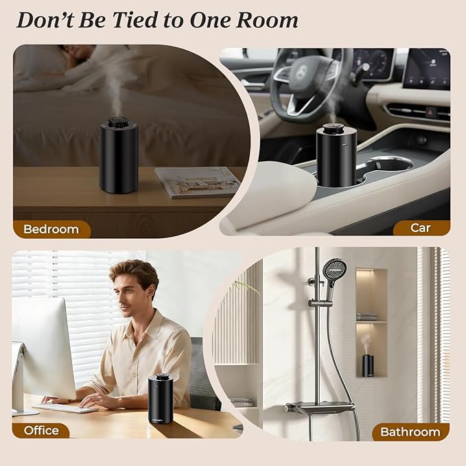 URPOWER Waterless Essential Oil Diffuser: No Water Needed Battery Operated Scent Diffuser - 2 * 20ML Hotel Fragrance Essential Oils - Cordless & Mini Oil Machine Aluminum for Car Home Office(Black) - Bloomnest