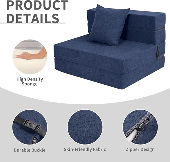 High-Density Memory Foam Folding Sofa Bed with Fluffy Pillow, Twin Size, Navy - Bloomnest