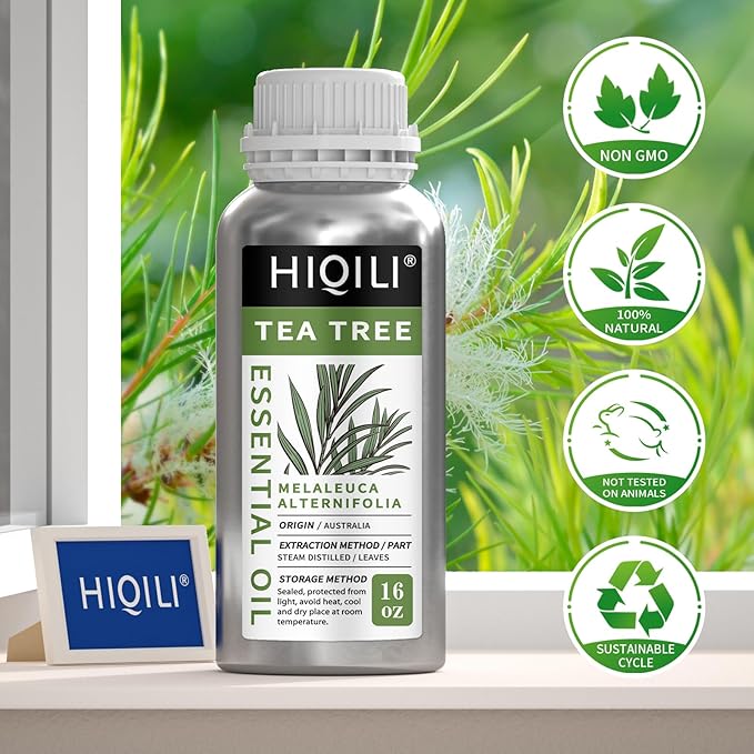 HIQILI Tea Tree Oil 16 Fl Oz, for Skin, Hair, Nail, Diffuser, Soap Making, Includes Two Portable Decanters - Bloomnest