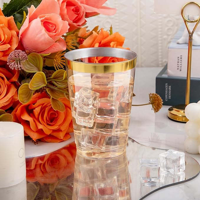I00000 200 Pack 12 oz Gold Plastic Cups, Clear Disposable Cups, Disposable Plastic Wine Glasses Cocktail Glasses Premium Cups with Gold Rim, 12 Ounce Tumblers for Party & Wedding - Bloomnest