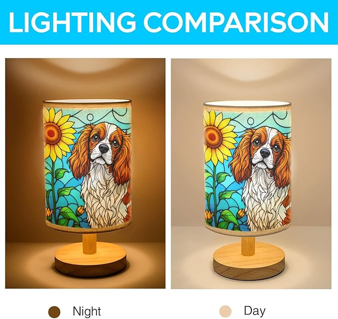 Cavalier King Table Lamp LED 3-Color Pressed Bedside, Dog Shade Lamp with Wood Base for Bedroom Living Room Desk Office - Bloomnest