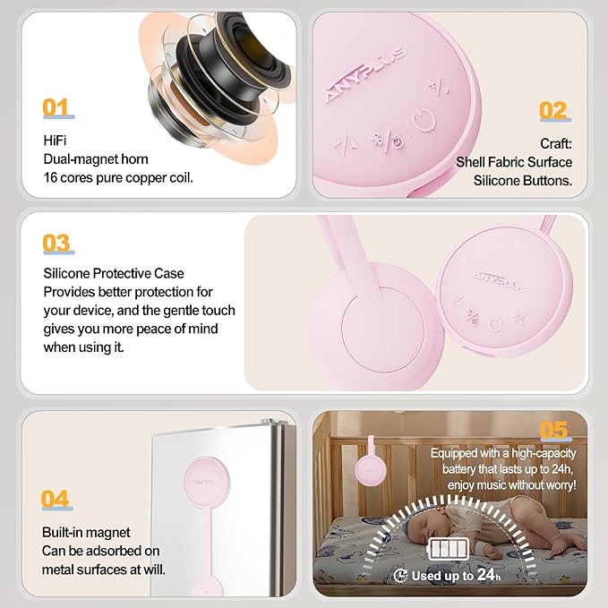 White Noise Sound Machine, Portable Sound Machine for Sleeping Adults & Baby, with Bluetooth 5.1/24 Soothing Sounds/Battery Powered/3 Timer Memory Function for Office/Bedroom/Travel（Pink）