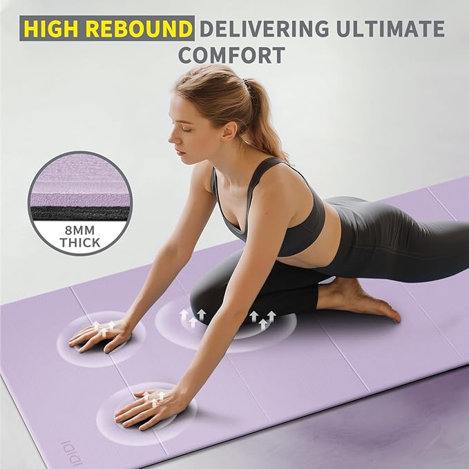 8mm Extra Thick & Large Foldable Yoga & Fitness Mat(74" x 31.5" x 0.32"), Double-Sided Non Slip & Lightweight Pilates Mat, Thick Wide Exercise Mats for Woman Man Kids, Portable Workout Mats for Travel, Studio or Home Use - Bloomnest