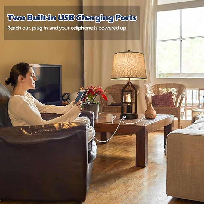 BesLowe 2-Light Farmhouse Rustic Touch Table Lamps Grey, 3-Way Dimmable Bedside Lamps with 2 USB Ports for Bedroom, End Table Lamps for Living Room with Gray Shades, 4 LED Bulbs Included, Set of 2 - Bloomnest