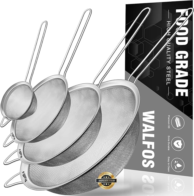 Walfos Extra Fine Mesh Strainer Set of 4-9.35", 6.95", 4.6", 2.7", Stainless Steel 30 Mesh Sieve with Sturdy Handle, Kitchen Food Strainers Sifters for Quinoa, Pasta, Fruits, Vegetables, Rice, Tea - Bloomnest