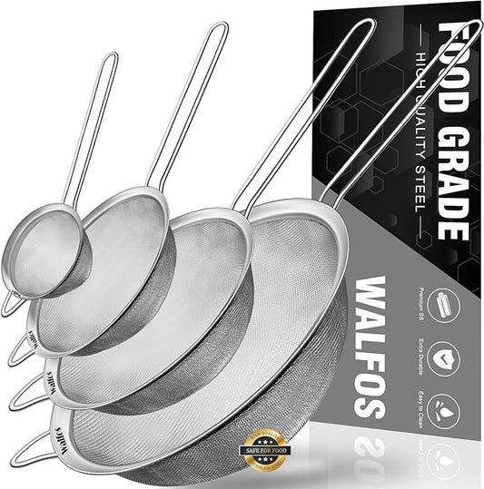 Walfos Extra Fine Mesh Strainer Set of 4-9.35", 6.95", 4.6", 2.7", Stainless Steel 30 Mesh Sieve with Sturdy Handle, Kitchen Food Strainers Sifters for Quinoa, Pasta, Fruits, Vegetables, Rice, Tea - Bloomnest