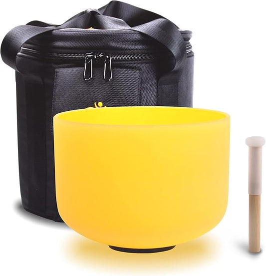 FMTY 10inch Crystal Singing Bowl Yellow E Note Solar Plexus Chakra with soft carrying case and Singing Mindfulness, Yoga, Spiritual and Body Healing and Energy Cleansing (YELLOW)