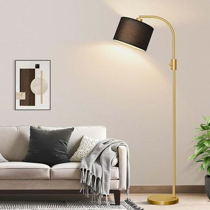 【Upgraded】 Dimmable Gold Floor Lamp, 1200 Lumens LED Bulb Included, Arc Floor Lamps for Living Room Modern Standing Lamp with Black Shade, Tall Lamp for Living Room Bedroom Office Reading Room Nursery - Bloomnest