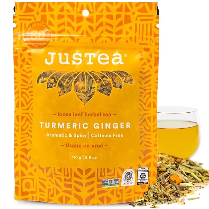 JusTea TURMERIC GINGER | Loose Leaf Herbal Tea | Recyclable Refill Pouch | 40+ Cups (3.9oz) | Caffeine Free | Award-Winning | Fair Trade | Non-GMO - Bloomnest