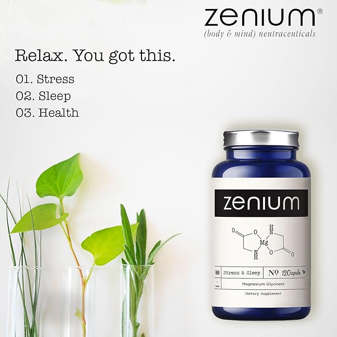 Zenium - Magnesium Glycinate for Sleep, Chelated, 600mg per Serving, 120 Capsules | High Absorption | Relieve Stress, Tension, Worry & Irritability | Calm Mind & Body | Ayurvedic | Natural Supplement - Bloomnest