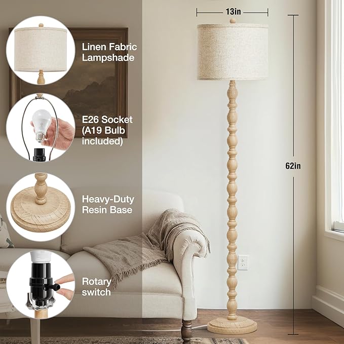 Luvkczc 62" Floor Lamps for Living Room,3 Color Temperature Standing Lamp, Vintage Farmhouse Floor Lamp with Rotary Switch, Rustic Resin Tall Lamps for Living Room, Bedroom, Office, Corner (Cream) - Bloomnest