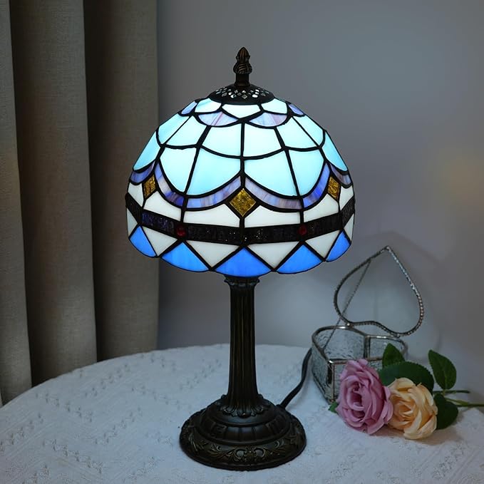 Tiffany Lamp 8 Inch Small Stained Glass Table Lamp Blue Mediterranean Handmade Warm Reading Bedside Lamp Dining Room Bedroom Living Room Office Study Tiffany Style Retro Home Decoration Crafts（feath） - Bloomnest