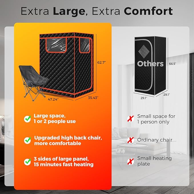 Smartmak Portable Infrared Sauna, 1-2 Person X-Large Infrared Sauna Box, Full Size Personal Home Sauna Tent, with Adjustable Folding Chair, Remote Control, LED Red Light (Black-2 Person) Smartmak