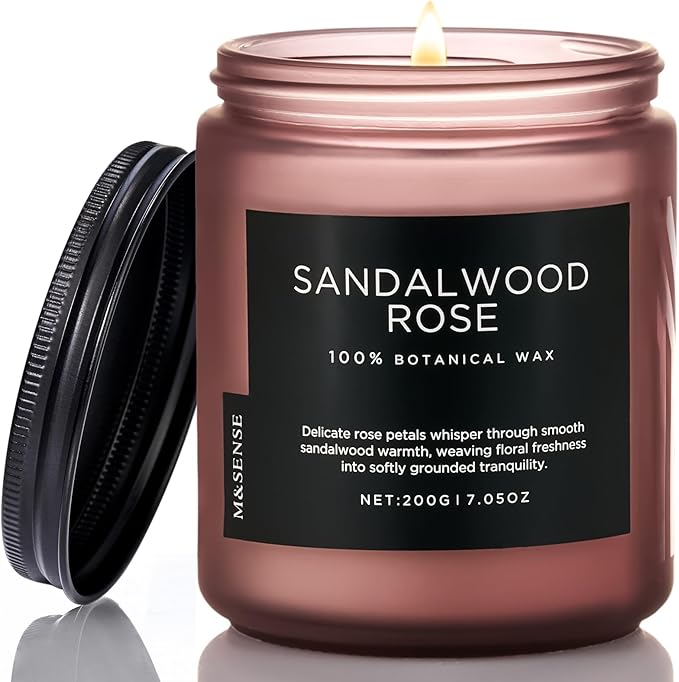 M&SENSE Sandalwood Rose Scented Candle 7.05oz 50 Hours Long Lasting Burn Natural Soy Wax Strong Scented Candle for Home, 2 Wick Home Fragrance Slow Burning Housewarming Gifts for Men Women - Bloomnest