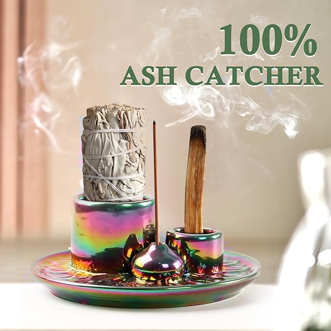4 in 1 Ceramic Incense Holder, Palo Santo Stick Holder, Sage Holder for Burning, 5.2" Ash Catcher Tray for Meditation, Yoga & Home Decor (Colorful)