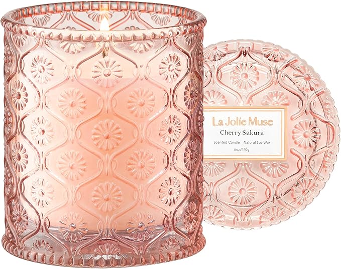 LA JOLIE MUSE Cherry Sakura Candle - Cherry Blossom, Rose, Sandalwood | 6 oz Natural Soy Wax | 40 Hours Clean Burn | Floral Scented Candle | Gift-Ready for Hosts & Gatherings - Bloomnest