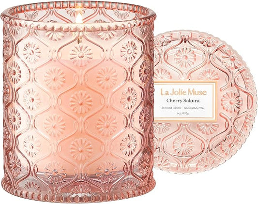 LA JOLIE MUSE Cherry Sakura Candle - Cherry Blossom, Rose, Sandalwood | 6 oz Natural Soy Wax | 40 Hours Clean Burn | Floral Scented Candle | Gift-Ready for Hosts & Gatherings - Bloomnest