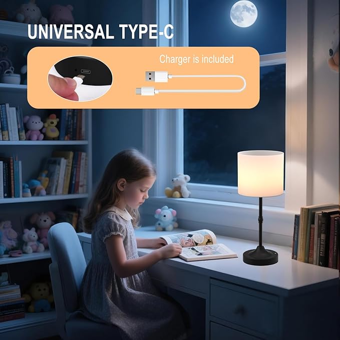 Portable Cordless Table Lamp,Built-in 5200mAH Rechargeable Battery, Dimmable Touch Wireless Light, Bed Side Metal Desk Lamp，Restaurant/Bedroom/Bar/Coffee/Night Light (Blcak) - Bloomnest