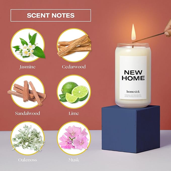 Homesick Scented Candles for Home (New Home) - 13.75 oz Long-Lasting Soy Wax Blend Jar Candle for Housewarming, 60-80 Hours Burn Time - Notes of Jasmine, Cedarwood, Lime, Sandalwood, Oakmoss & Musk - Bloomnest
