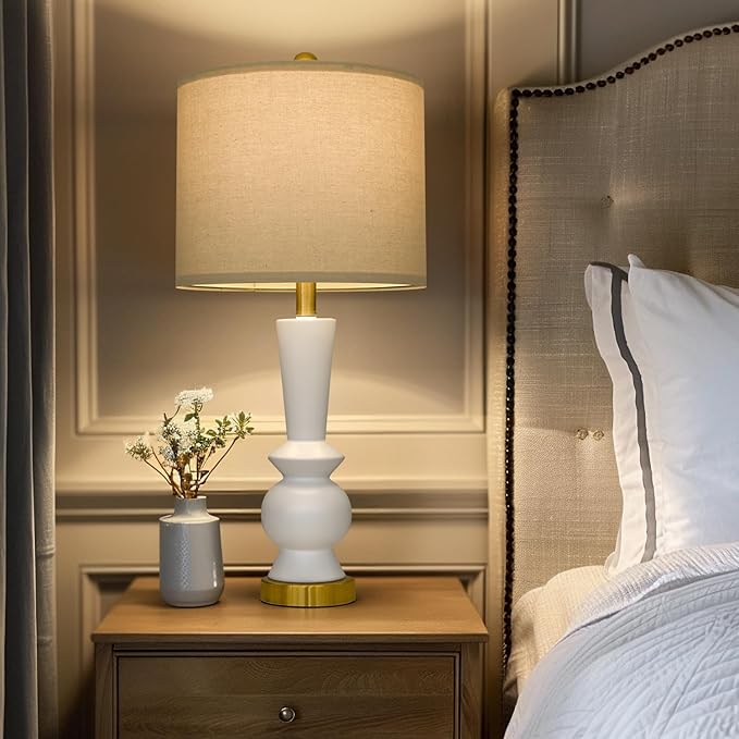 PORTRES 27" Modern Ceramic Table Lamp Set of 2 for Living Room White & Gold Bedside Lamps for Bedroom Nightstand Lamp Tall End Table Lamps - Bloomnest
