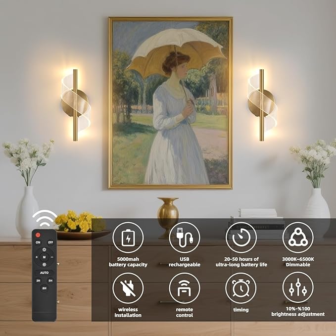 Cordless Wall Sconces Set of 2, Helical Wireless Rechargeable Battery Wall Light with Remote Control Dimmable. Portable Lighting for Wall Painting, Living Room, Bedroom, Night Light. 11.8''Gold - Bloomnest