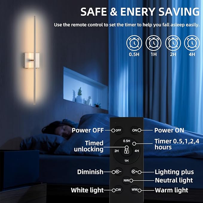 Rechargeable Battery Operated Wall Sconces set of 2, Brushed Nickel Wireless Wall Sconce with Remote Control, 3000K-6000K Dimmable LED Wall Light for Living Room Hallway Bedroom Stairs, 29 Inchs - Bloomnest