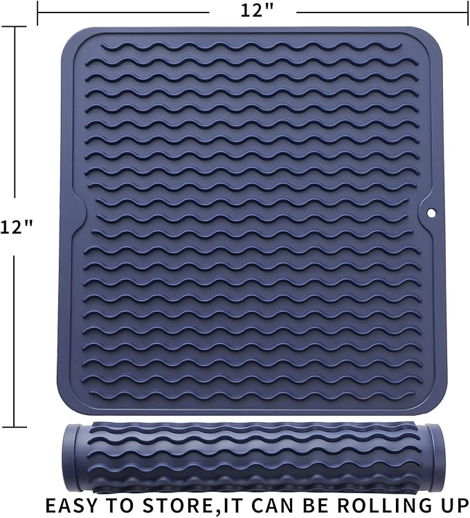 Silicone Dish Drying Mat for Multiple Usage,Easy clean,Eco-friendly,Heat-resistant Silicone Mat for Kitchen Counter or Sink,Refrigerator or Drawer liner Navy Blue M 12 inches x 12 inches - Bloomnest