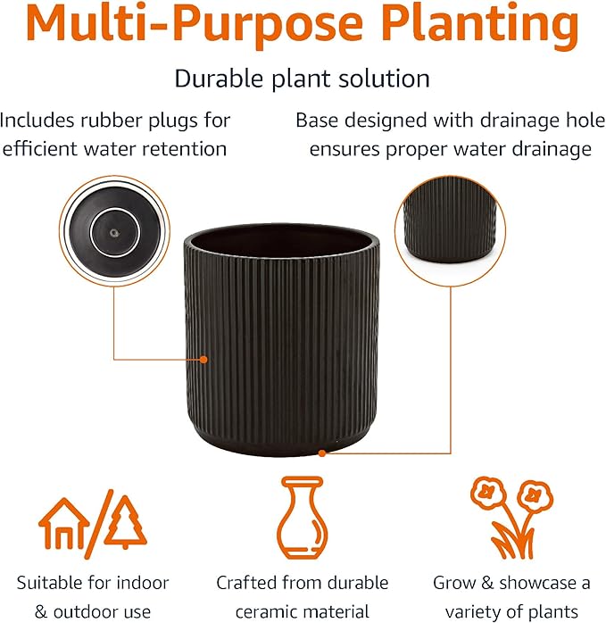 Amazon Basics Fluted Round Ceramic Planter, 8-inch, Black - Bloomnest