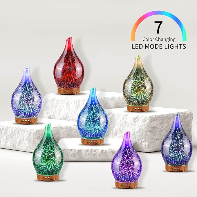Porseme Essential Oil Diffuser 3D Glass Aromatherapy Ultrasonic Humidifier, Air Refresh Auto Shut-Off, Timer Setting, BPA Free for Home Hotel Yoga Leisure SPA Gift 100ml Last 4h Porseme