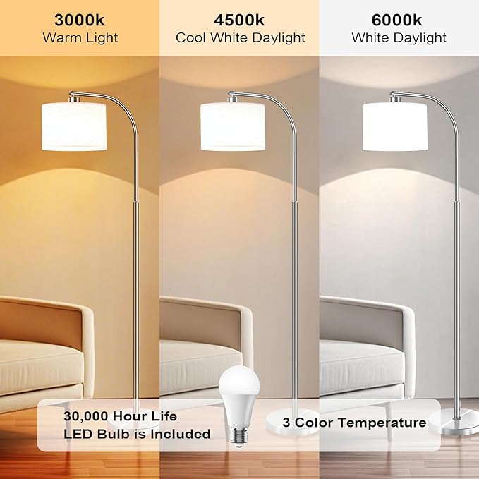 Floor Lamp for Living Room,65'' Modern Standing Lamps with 9W LED Bulb,Silver Tall Floor Light with Fabric Shade,3 Color Temperatures Tall Lamp for Bedroom Office Study Room Corner Dining Room - Bloomnest