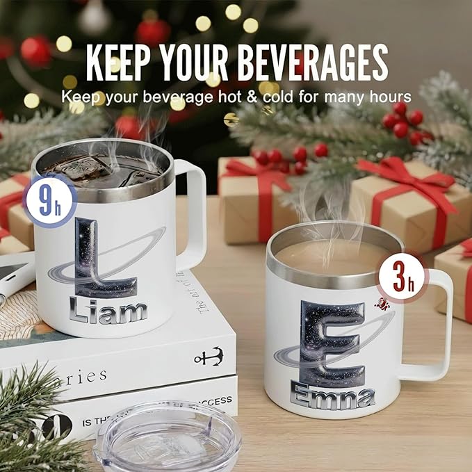 Personalized Christmas Insulated Coffee Mug with Handle – Custom Galaxy Initial Letter. Double Wall Stainless Steel Travel Tumbler for Hot & Cold Drinks – Unique Holiday Gift for Space Lovers(B119) - Bloomnest