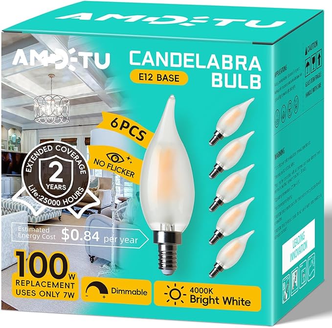 E12 100W Equivalent LED Candelabra Bulb, Cool White 6000K, Dimmable Frosted CA10 Candle, Small Base, Ideal for Living Rooms, Dining Rooms, and Hallways, Energy-Efficient Indoor Lighting - Bloomnest