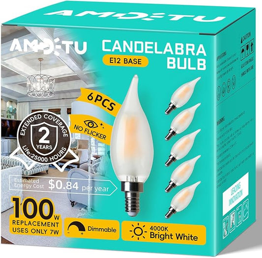 E12 100W Equivalent LED Candelabra Bulb, Cool White 6000K, Dimmable Frosted CA10 Candle, Small Base, Ideal for Living Rooms, Dining Rooms, and Hallways, Energy-Efficient Indoor Lighting - Bloomnest