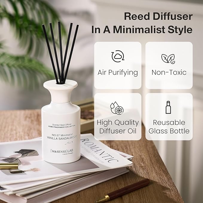 M&SENSE Reed Diffuser Set, 10.14 oz Non Toxic Reed Diffuser Vanilla Sandalwood Scented Home Fragrance Aromatherapy Diffuser for Bedroom Bathroom Office Home Decor Housewarming Gift