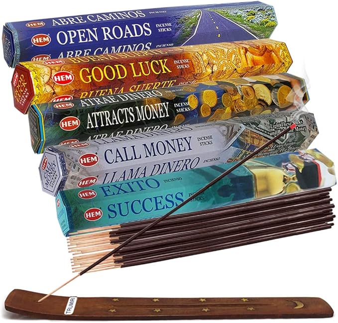 Hem Incense Sticks Variety Pack #5 and Incense Stick Holder Bundle with 5 Money and Success Themed Fragrances - Bloomnest
