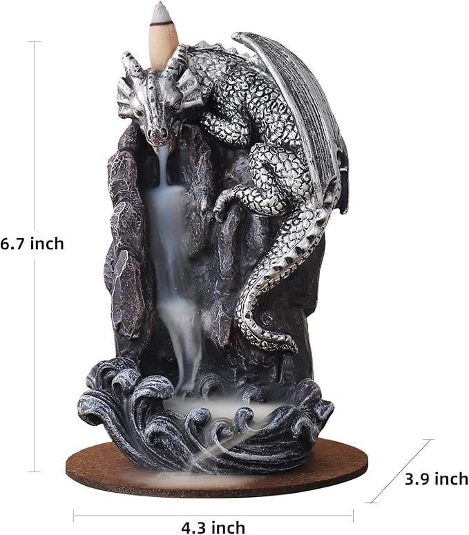 Dragon Backflow Incense Holder Waterfall Incense Burner, with 100 Backflow Incense Cones,1 Mat,1 Tweezers，Aromatherapy Ornamental for Home Office Yoga （Silver Dragon） - Bloomnest
