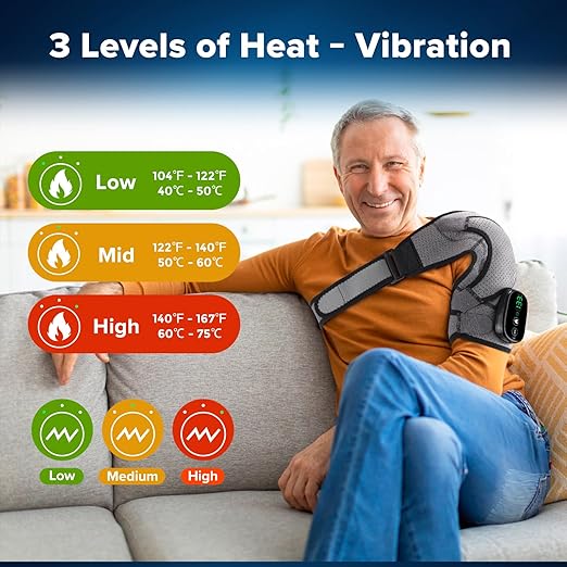 Cordless Portable Shoulder Heating Pad & Massager, Heating Vibration Shoulder Brace for Pain Relief, Rotator Cuff Support for Men & Women, Black&Grey - Bloomnest