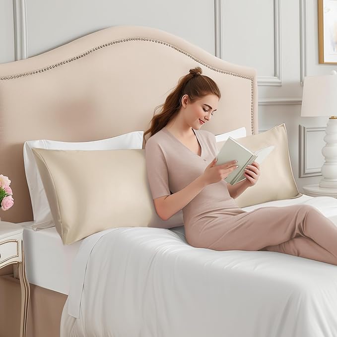 INFIIXSO Body Pillow Cover with Zipper, Luxury Mulberry Silk Body Pillow Case 20x54 Inches, Ultra Smooth and Soft Cooling Long Pillowcase, Gift for Women, Men(Beige) - Bloomnest