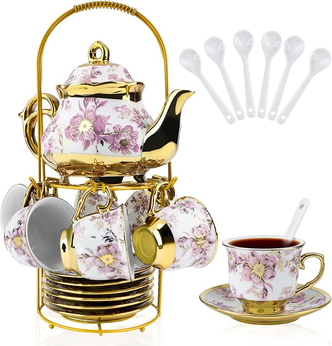 20 Pcs Porcelain Tea Set with Metal Holder, European Ceramic Tea Set for Adults, Adult Tea Set Gift, Flower Tea Cup Saucer Set for Party With Gold Flower Painting (Elegant Purple) - Bloomnest