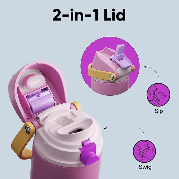Insulated Water Bottle with Straw - Encool Stainless Steel Water Bottle with Push Button Lid, Leak-Proof & BPA-Free, Keeps Cold for 24 Hours for Sports, Travel, Gym (24 oz, Light Orchid-Fuchsia) ENCOOL