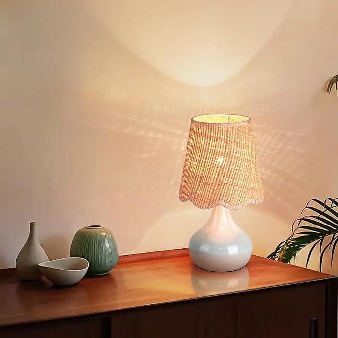 Light Blue Boho Small Table Lamp for Small Spaces, Small Rattan Shade Bedside Lamp for Bedroom, Cute Nightstand Light for Bedside, Kitchen Counter, Bookshelf Lamp, Home Office, Living Room, Dorm - Bloomnest