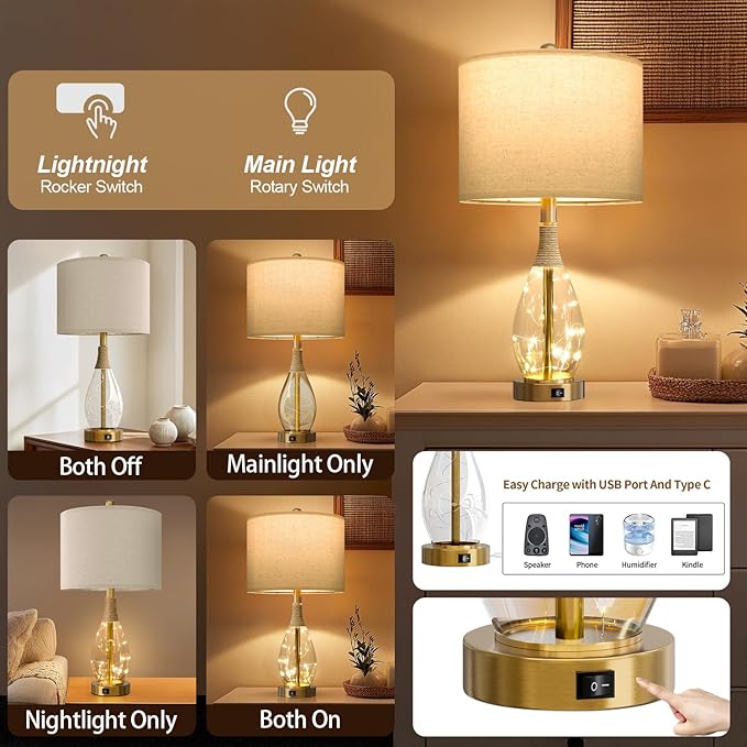 OYEARS 23" Table Lamps for Living Room Set of 2 Bedside Lamps for Night Stands Bedroom Lamps Farmhouse Rattan Boho Lamp Glass Nightlight End Table Lamp with USB C+A (Gold),Two Light Points - Bloomnest