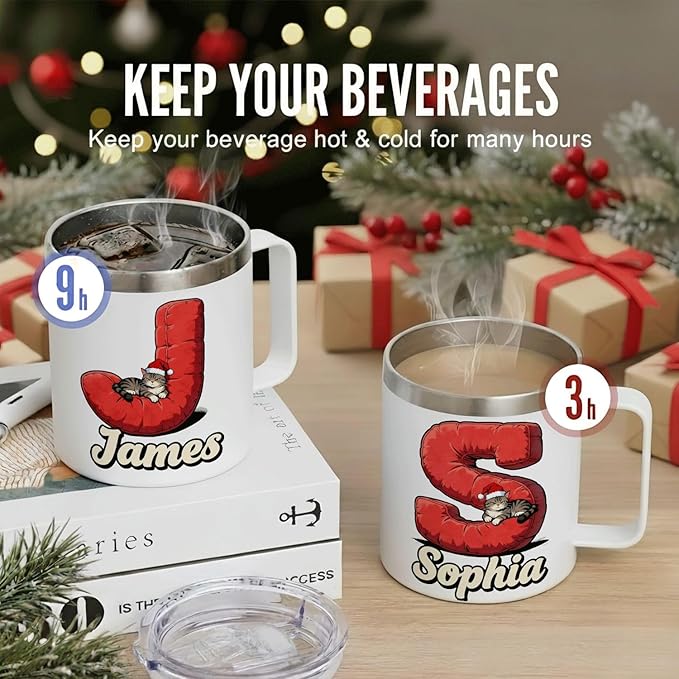 JugJug Personalized Christmas Cat Mug with Initial & Name - Funny Grumpy 12oz Insulated Coffee Cup with Lid - Xmas Gifts for Cat Lovers, Women, Girls (B179) - Bloomnest