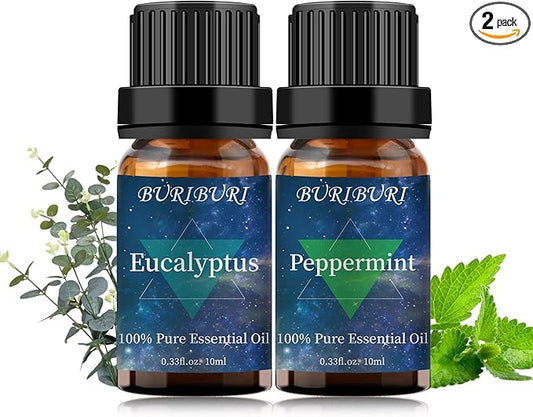 BURIBURI Eucalyptus Oil and Peppermint Essential Oil, 100% Pure, Undiluted, Natural, Organic Aromatherapy Eucalyptus Essential Oils Gift Set, 10MLx2 BURIBURI