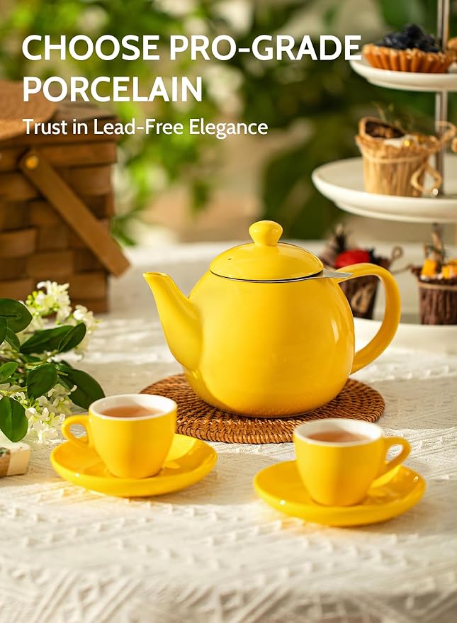 Sweese Teapot, Porcelain Tea Pot with Stainless Steel Infuser, Blooming & Loose Leaf Teapot - 27 ounce, Yellow - Bloomnest