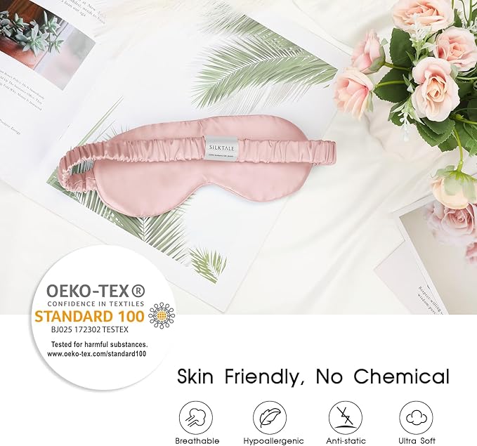 Silk Eye Mask for Sleep for Women/Men/Adults Blackout 100% Mulberry Silk Sleeping Mask for Travel/Plane/Side Sleeper with Elastic Strap,Pink - Bloomnest