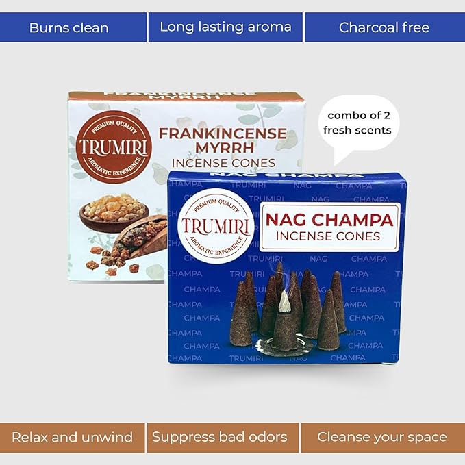 TRUMIRI Incense Cones - Combo Pack of 20 Cone Incense - Nag Champa & Frankincense Myrrh TRUMIRI