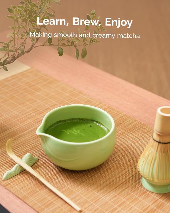 Maestri House Matcha Whisk Set, 7-Pc Complete Matcha Kit with Spouted Ceramic Bowl, Bamboo Whisk and Holder, Scoop, Spoon Rest & Sifter, Tea Cloth – Ideal Gift for Matcha Lovers (Green) - Bloomnest