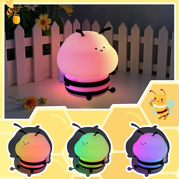 YuanDian Cute Bee Night Light for Kids, Nursery Night Lamp Kawaii Animal Bedside Nightlight with 7 Colors 3 Levels Dimmable Tap Control Rechargeable Nightlights - Bloomnest